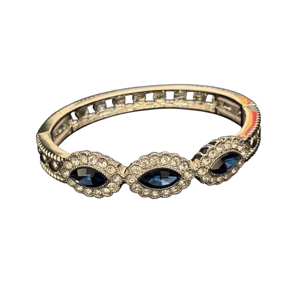 Monet Silver Tone Blue Marquise Rhinestone Hinged Bangle Bracelet Clear Crystals